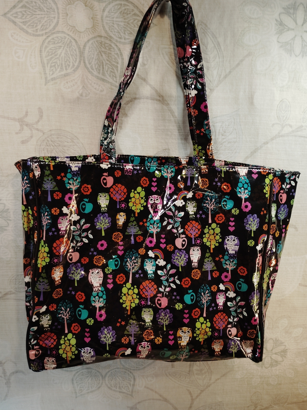 Multicolor Owl & Tree Pattern Black Shoulder Tote